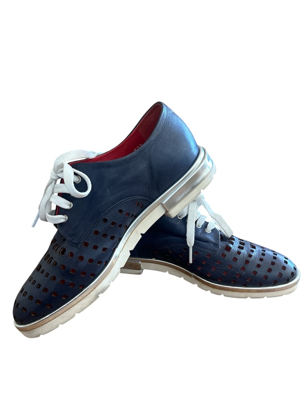 Pas de Rouge Navy Perforated Leather Lace-Up Loafers Size 37.5 7-7.5